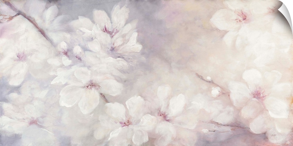 Large abstract watercolor painting of white cherry blossoms on a soft purple, pink, and orange background.