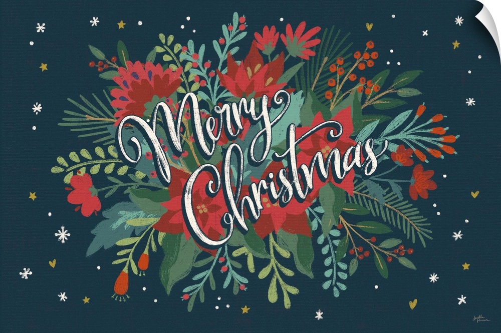 Decorative artwork of red flowers and leaves with the text "Merry Christmas" on a dark navy background.