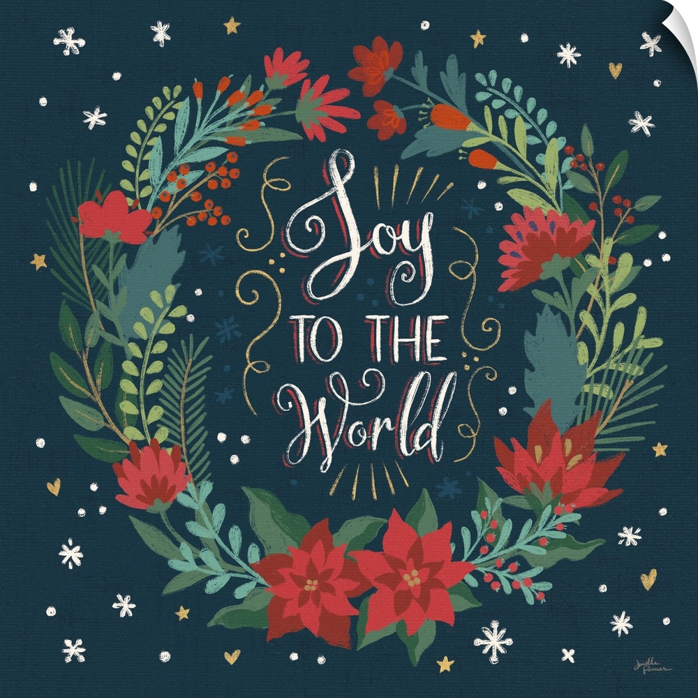 Decorative artwork of a wreath surrounding the text "Joy To the World"  on a dark navy background.