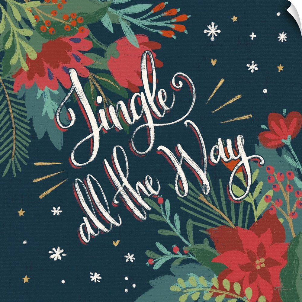 Decorative artwork of red flowers and leaves with the text "Jingle all the Way" on a dark navy background.