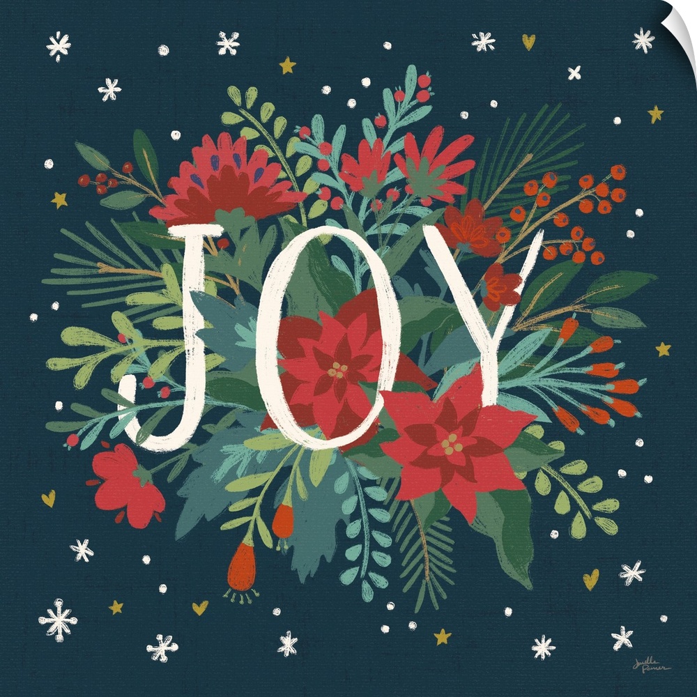 Decorative artwork of red flowers and leaves with the text "Joyy" on a dark navy background.