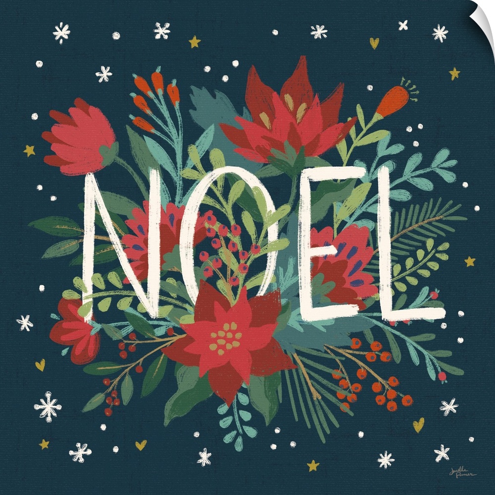 Decorative artwork of red flowers and leaves with the text "Noel" on a dark navy background.