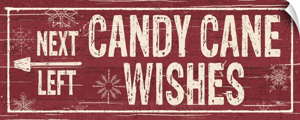 Decorative artwork with a holiday theme with the text "Next Left Candy Cane Wishes" on a red backdrop.