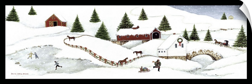 Contemporary painting of an idyllic winter scene.