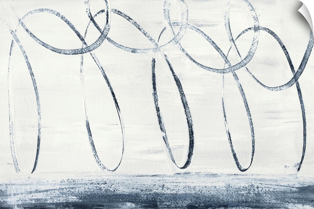 Abstract painting that has a continuous indigo line making long, skinny loops on white.