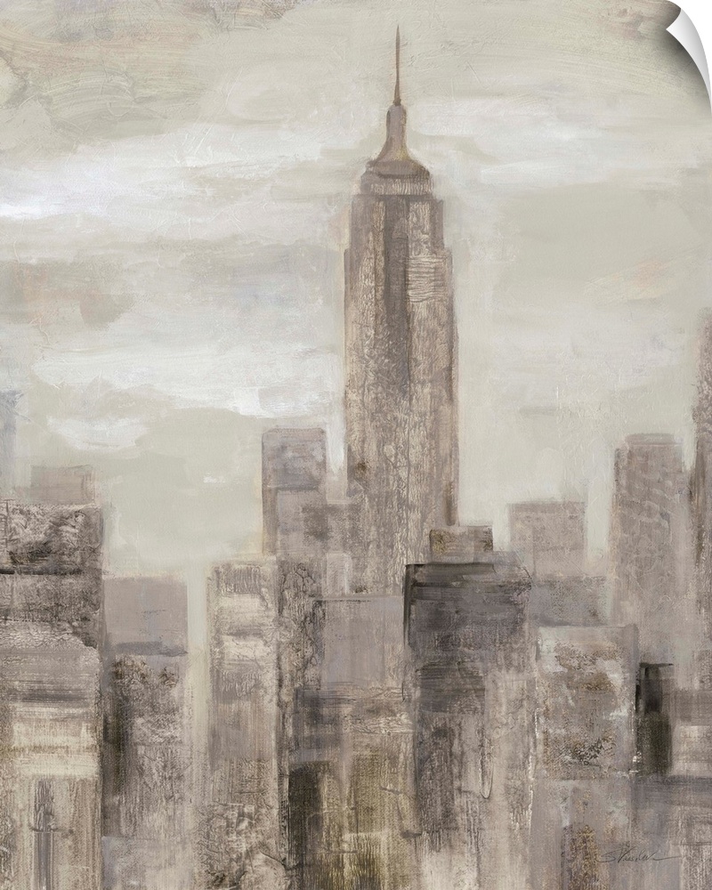 Neutral toned abstract painting of the New York City skyline with the Empire State Building.