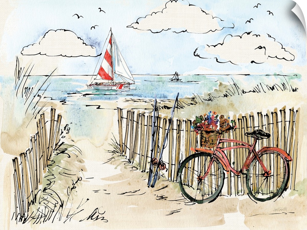 Watercolor painting of a beach scene with a red bicycle and fishing poles in the foreground and a sailboat in the background.
