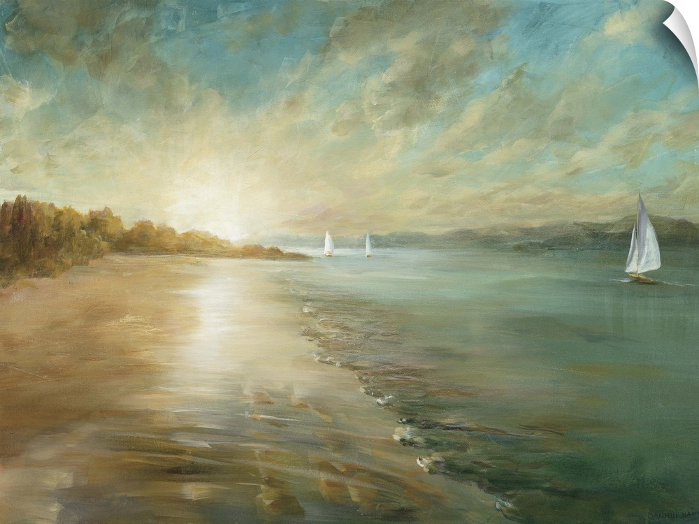 Contemporary artwork of a sandy beach at low tide in morning light.