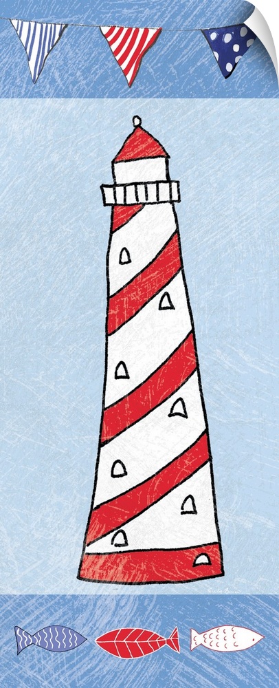 A vertical digital illustration of a white and red lighthouse with a textured effect.