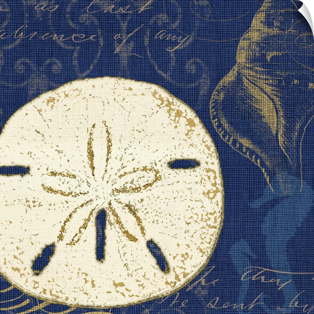 Contemporary artwork of a sand dollar with other types of sea life against a blue background.