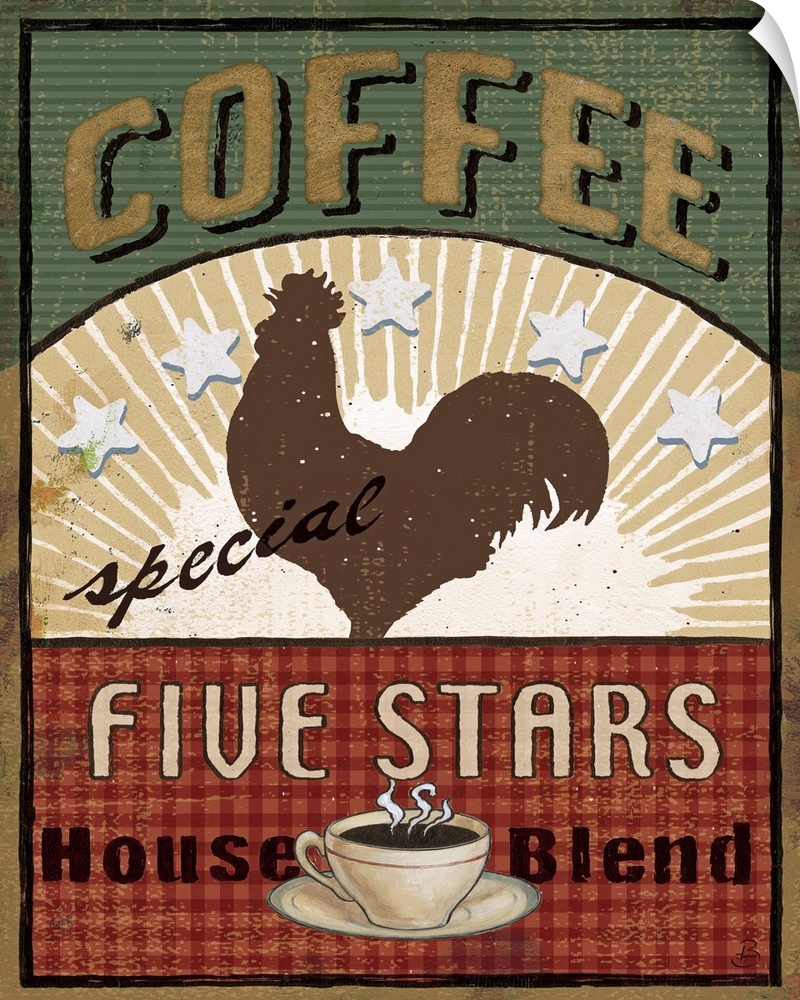 Large print of a coffee advertisement with a rooster silhouette in the middle.