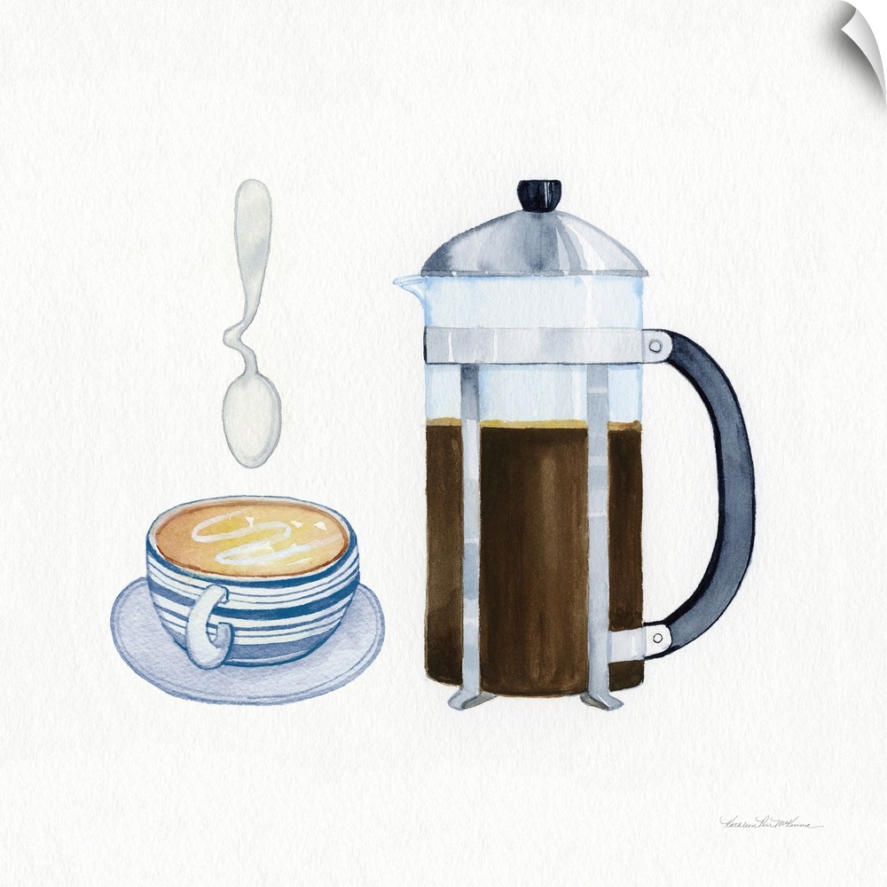 Square watercolor painting of a french press and a blue and grey designed coffee cup with a twisted spoon above on a white...
