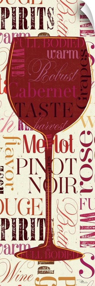 Contemporary artwork of a red wine glass against a background of text.