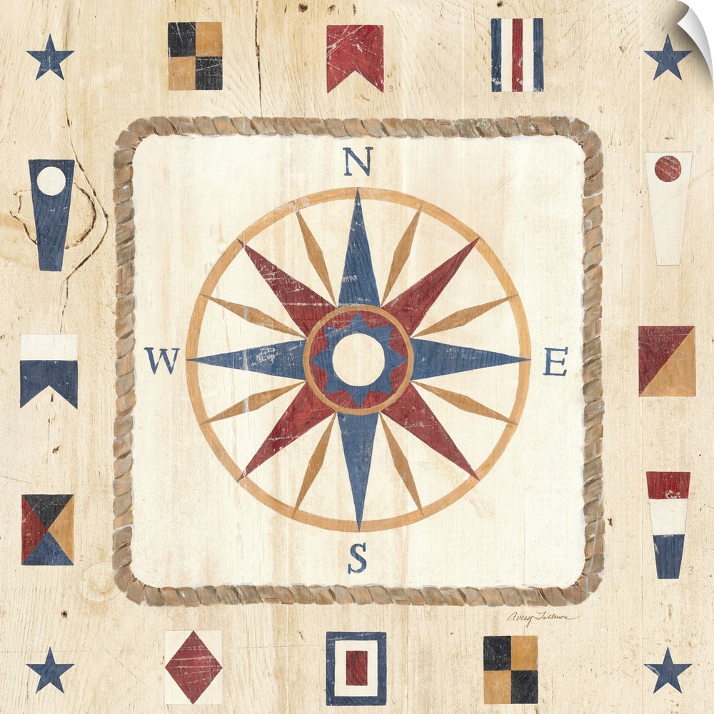Contemporary artwork of a compass, surrounded by nautical signal flags