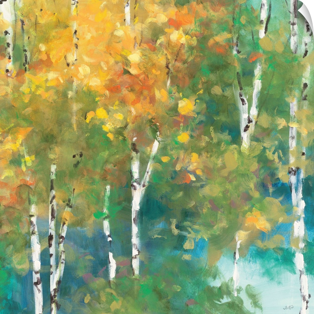Contemporary artwork of a forest of thin birch trees turning fall colors.