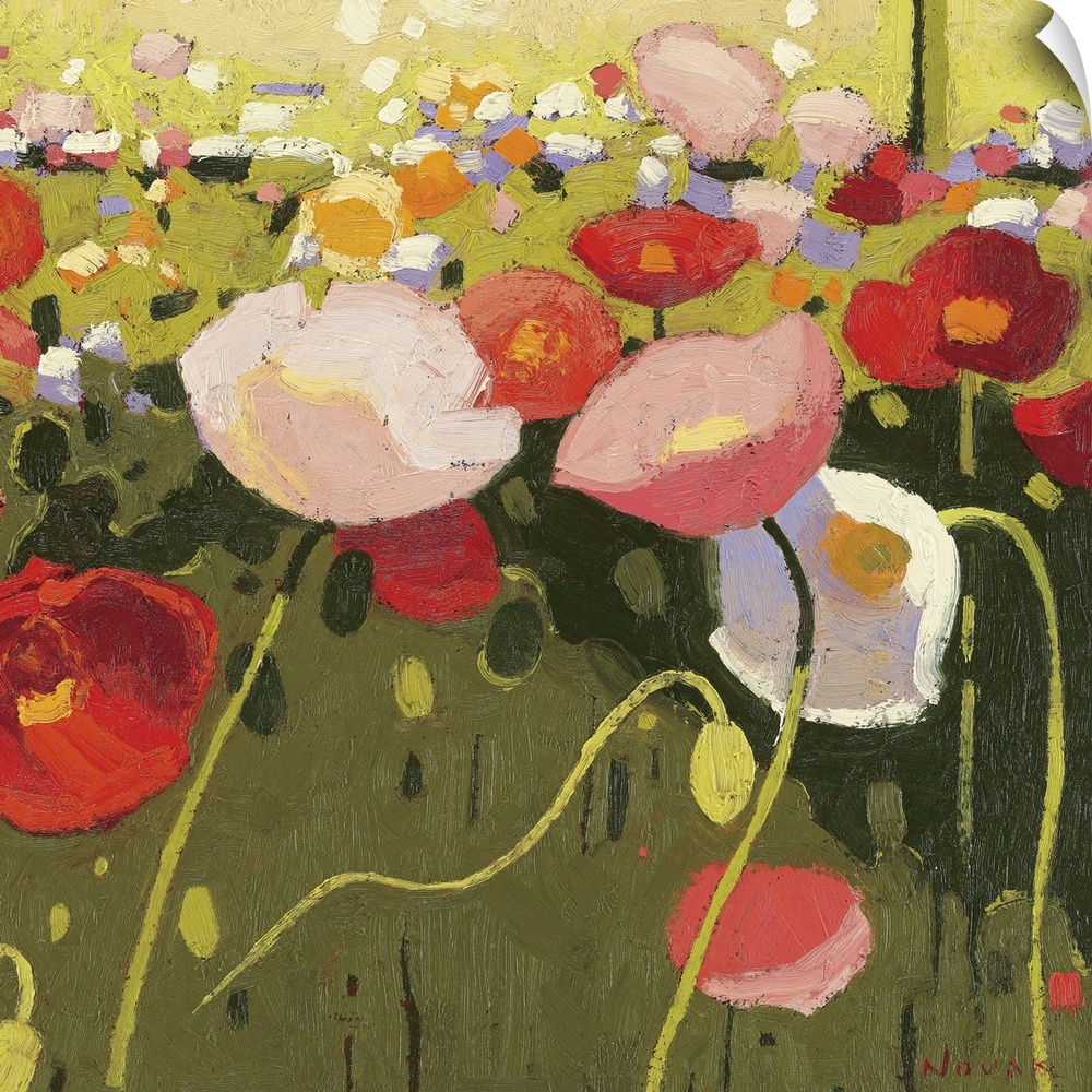 Square painting on canvas of a field of brightly colored flowers.