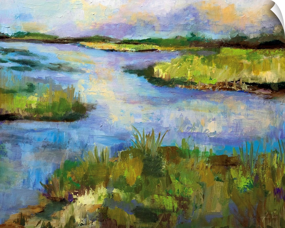 Contemporary landscape painting of a stream running through a marsh.