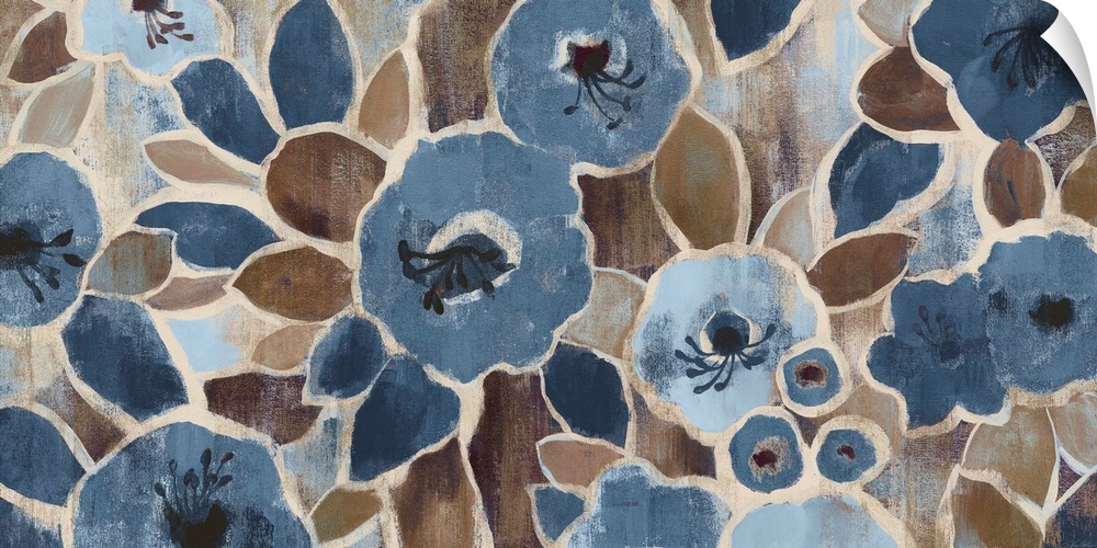 Contemporary painting of soft blue flowers with brown leaves and stems.