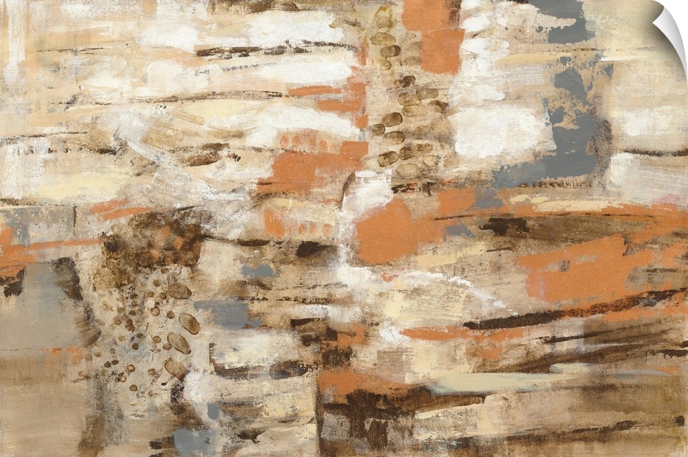 Contemporary artwork featuring horizontal brush strokes in earthy colors with abstract textures throughout.