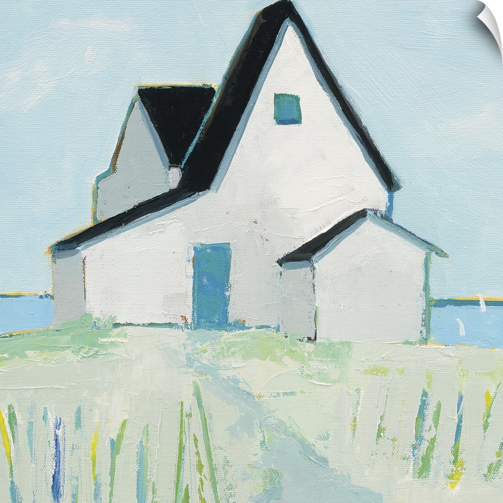 Contemporary painting of a cottage by the ocean with cool blue, green, white, and yellow hues.