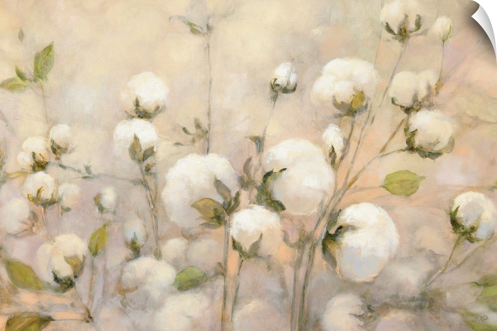 Large contemporary painting of wild cotton with a warm background.