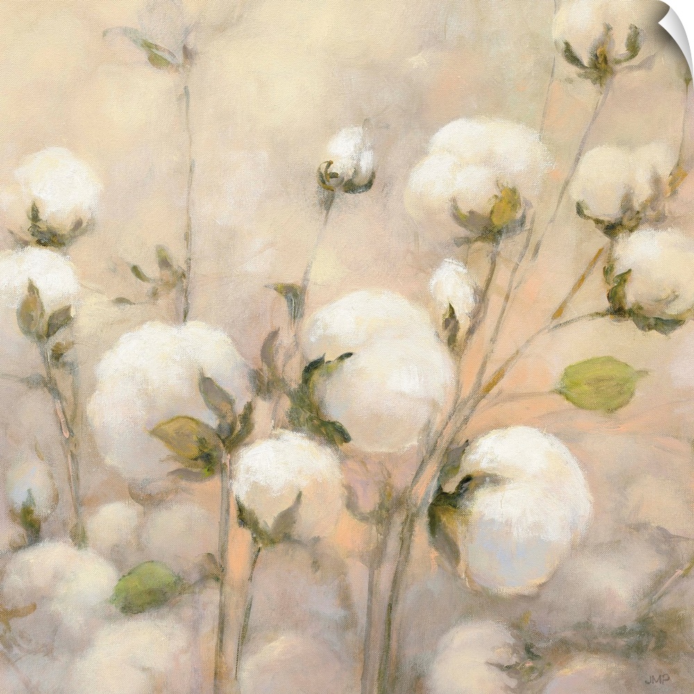 Square painting of wild cotton with a warm background.