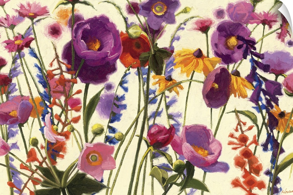 Contemporary painting of several types of flowers springing up from the bottom of the print.