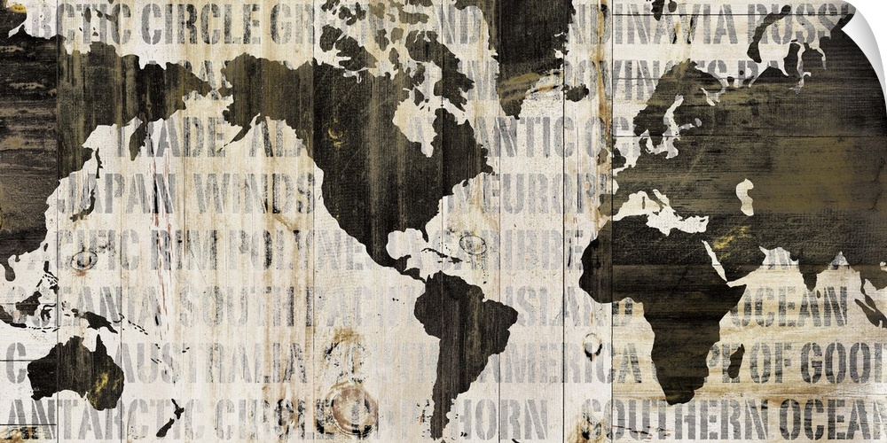 Contemporary artwork of a world map in earth tones and covered in a faded text.