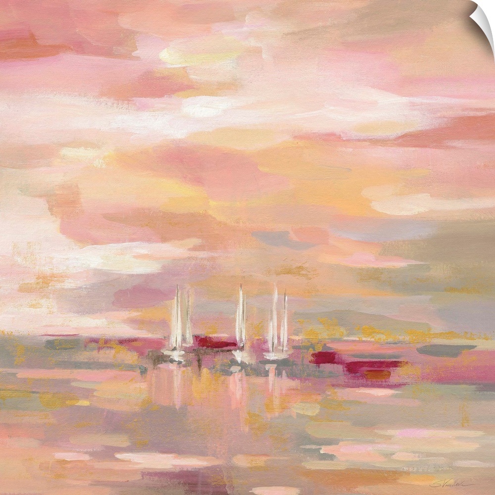 A square painting of sailboats in the ocean in warm shades of pink and yellow.