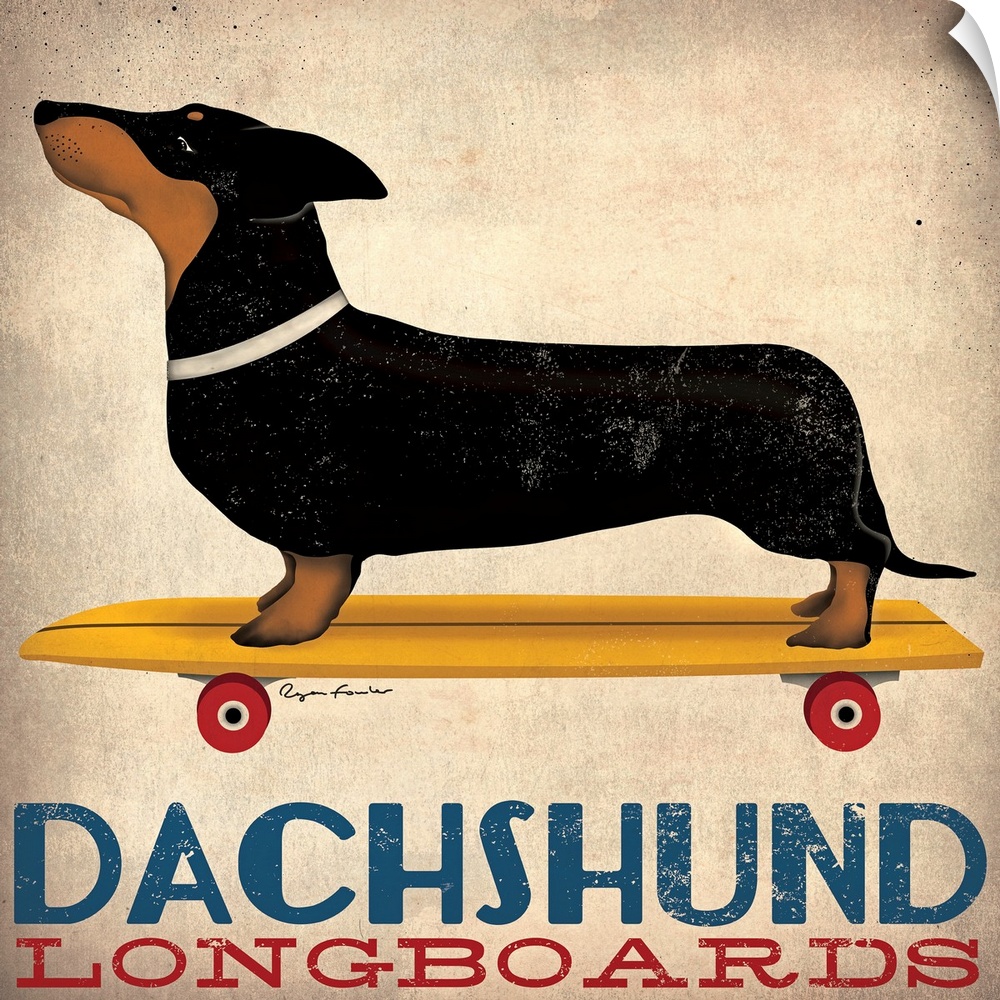 Artwork of a dachshund standing on a long skateboard. Text is printed just below it.