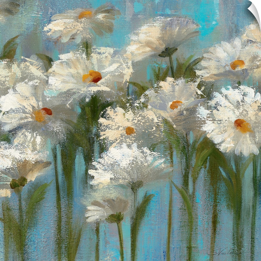 This big canvas wall art is a contemporary painting of several impressionistic flowers against a simplified backdrop.