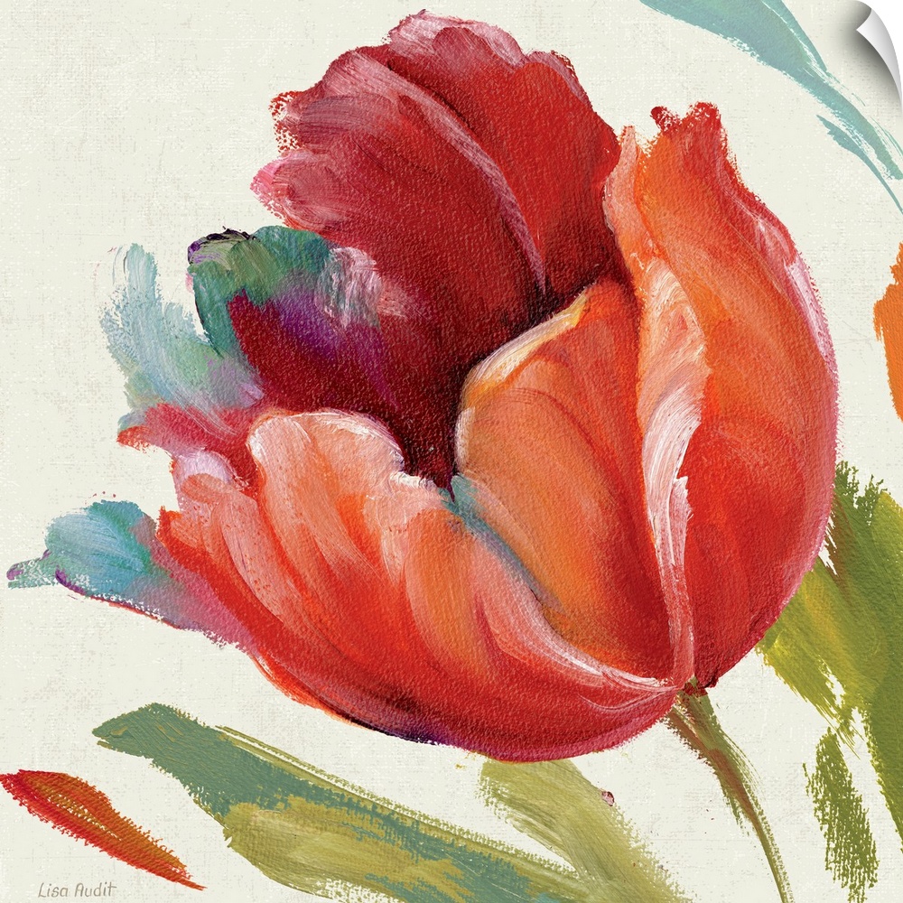 Contemporary painting of flower blossom with background full of thick colorful random brush strokes.