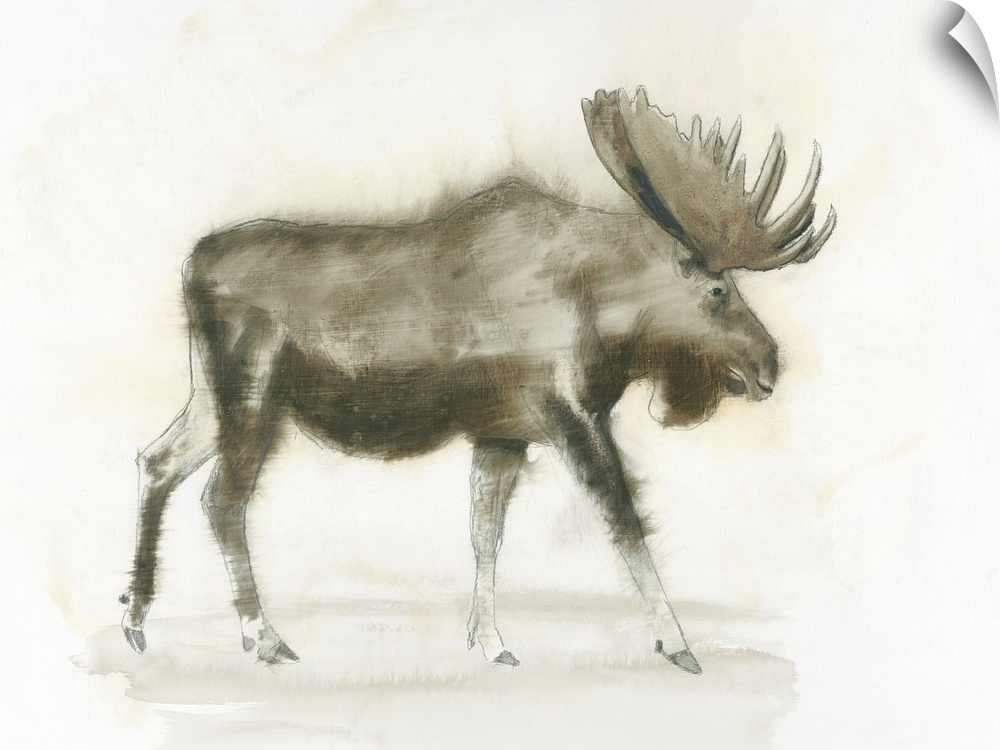 Contemporary artwork of a moose standing against a white background.