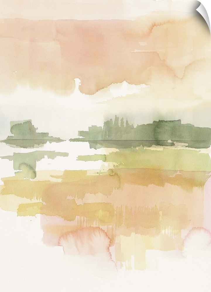 Watercolor painting of a simple landscape in soft pink morning light.