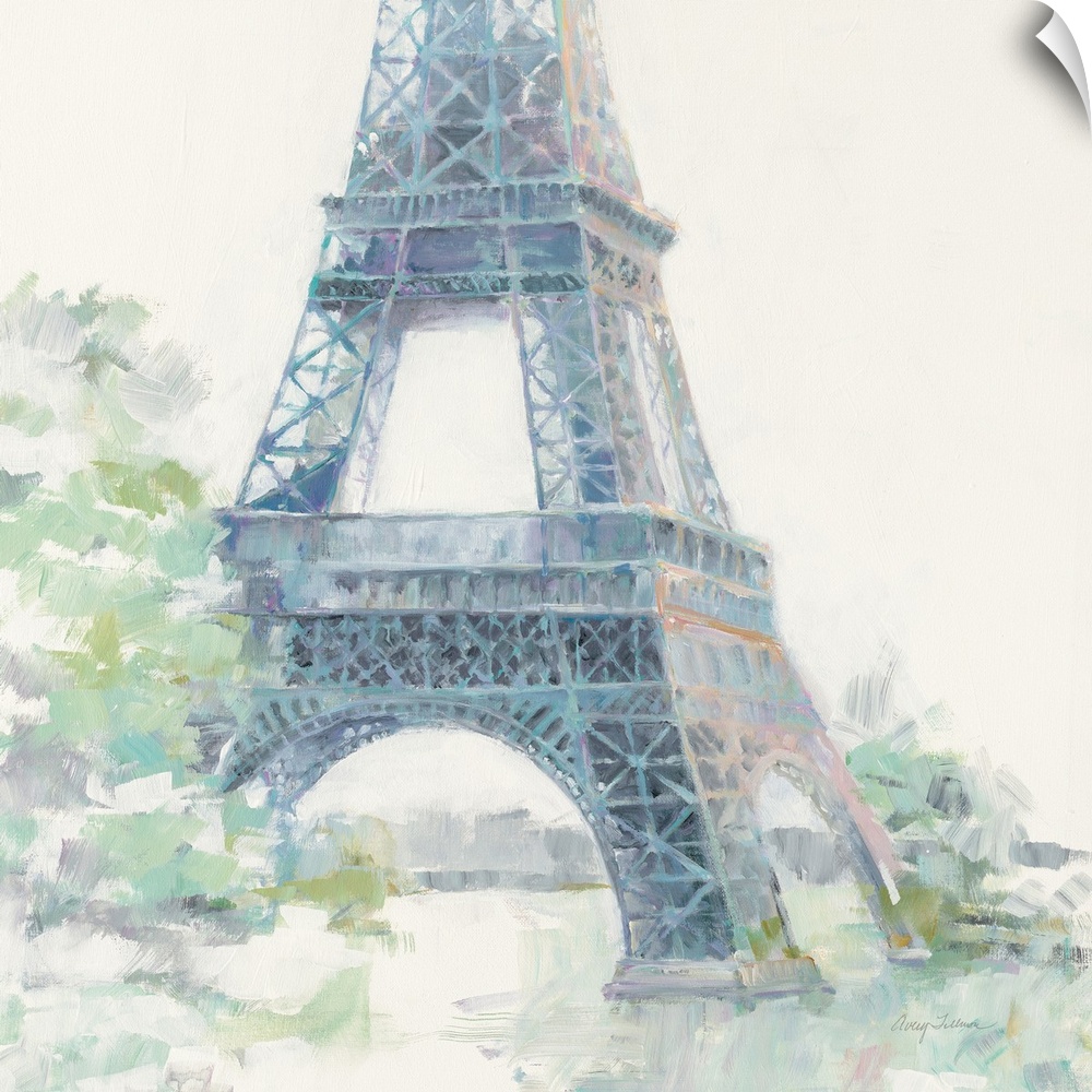 Contemporary painting of the bottom part of the Eiffel Tower made with pastel hues on a white, square background.