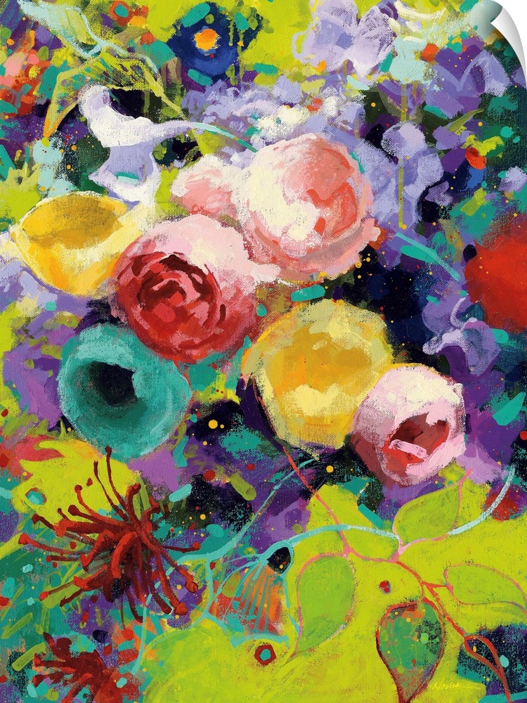 Large abstract painting with bright flowers.