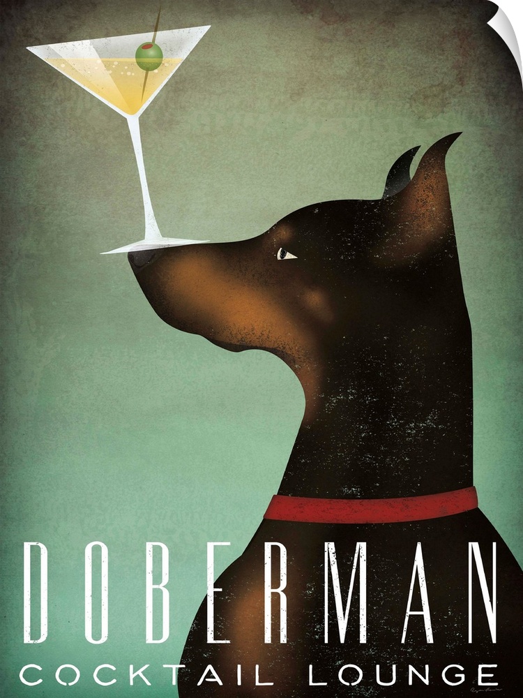 Illustration of a doberman balancing a martini glass on its nose with "Doberman Cocktail Lounge" written on the bottom.
