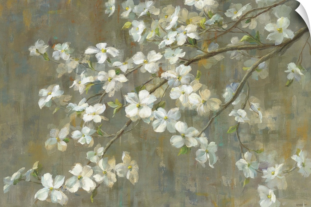 Contemporary painting of a dogwood tree branch with white flowers.