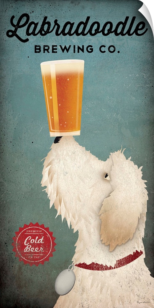 Artwork of a white goldendoodle dog balancing a beer on its nose.