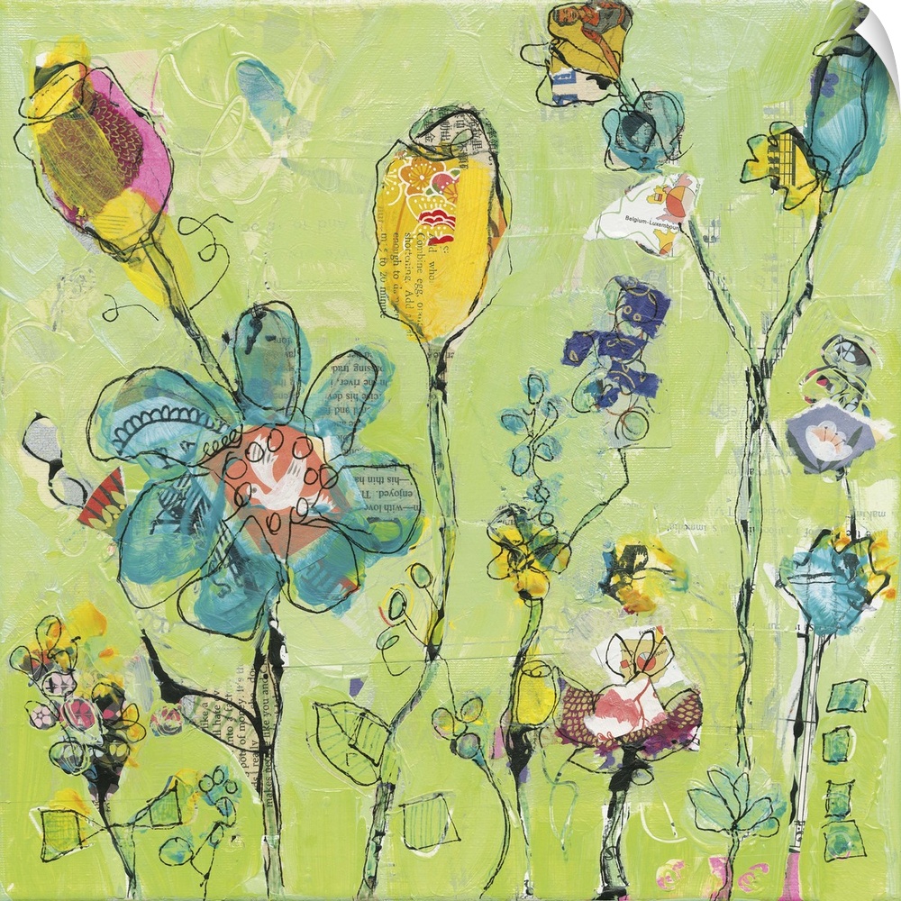 Blue and yellow abstract wildflowers on a light green background made with mixed media.