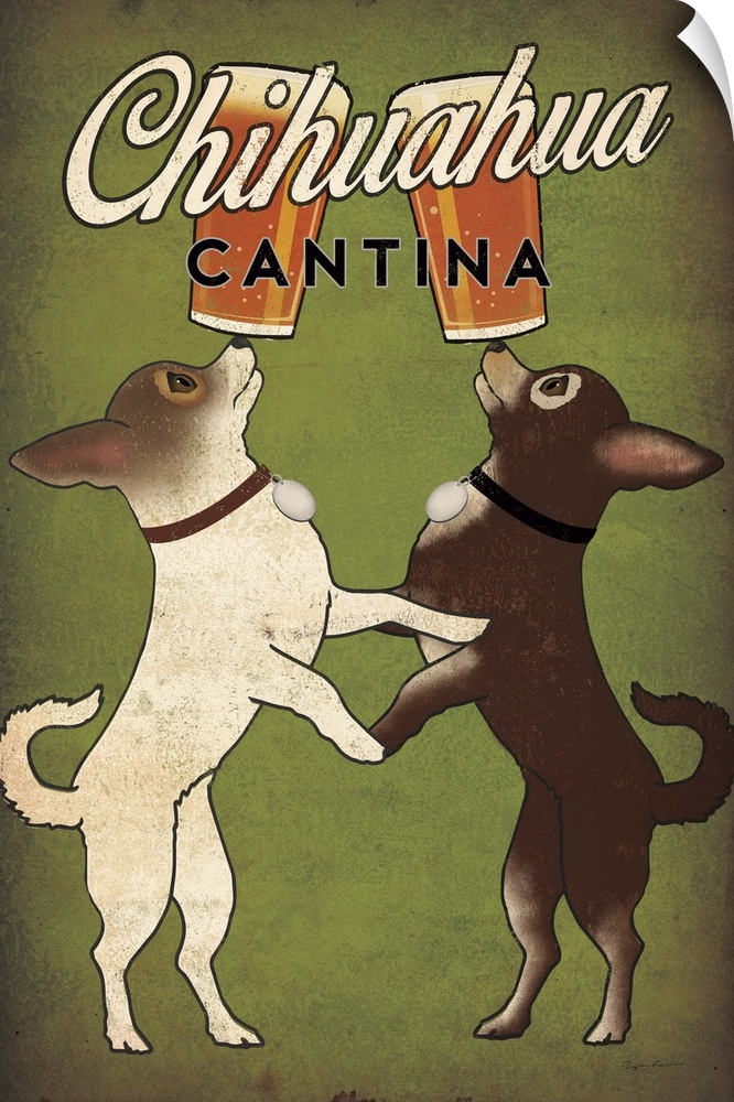 Illustration of two chihuahuas balancing beers on their noses with "Chihuahua Cantina" written at the top.