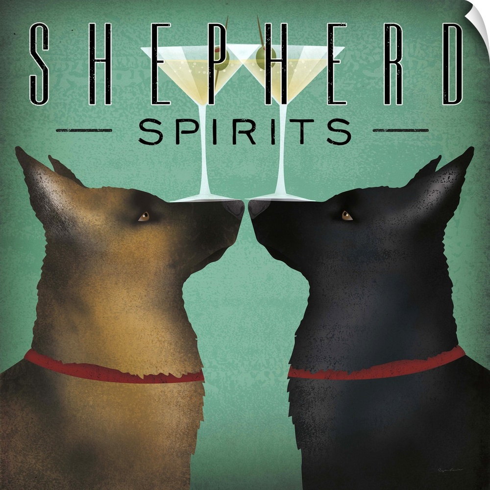 Square illustration of two shepherd dogs balancing martinis on their noses with "Shepherd Spirits" written at the top.