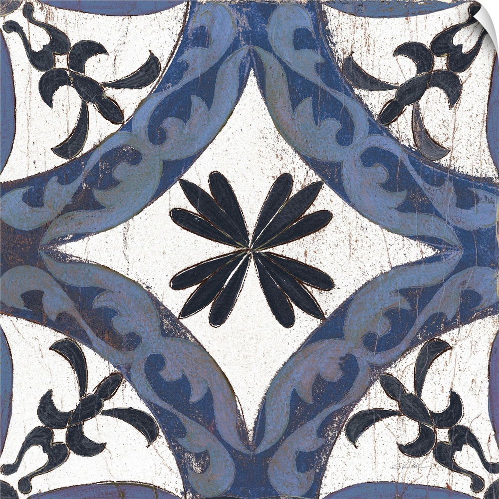 Square abstract painting of a symmetric indigo and white tile-like design.