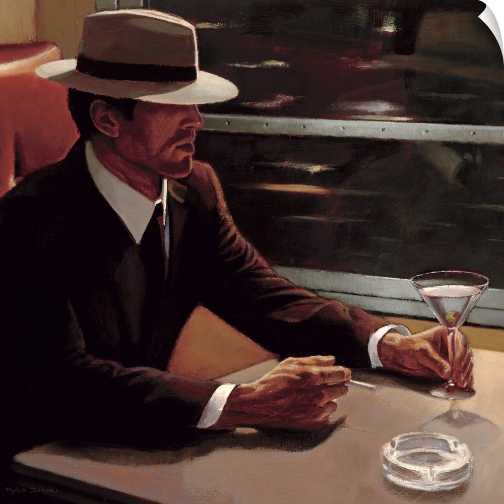 Contemporary artwork of a man as he sits in a booth drinking a martini and smoking a cigarette.