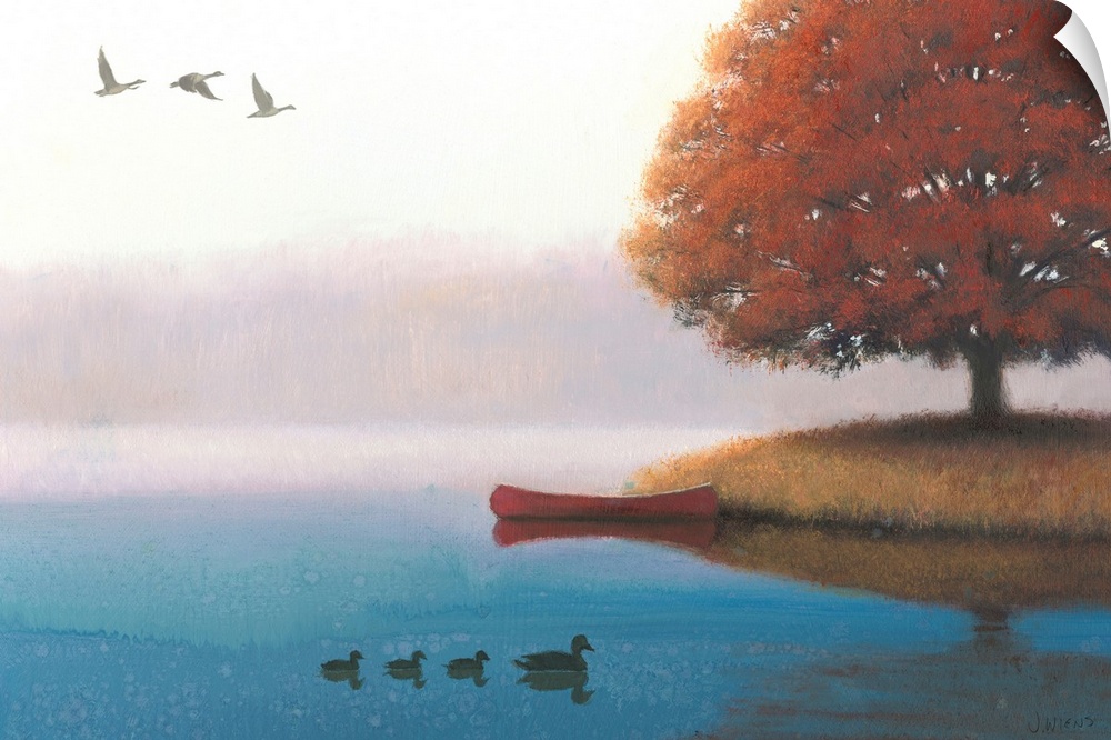 Contemporary painting of a calm lake in the morning with ducks.
