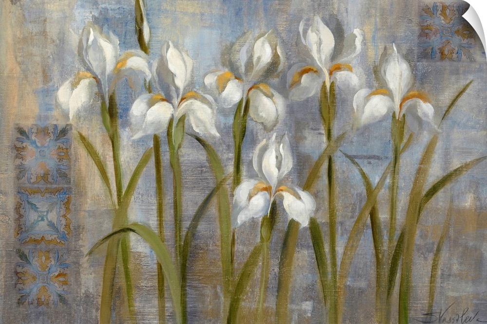 Giant floral art composed of a small group of iris flowers sitting in front of a backdrop filled with earth tones.  Artist...