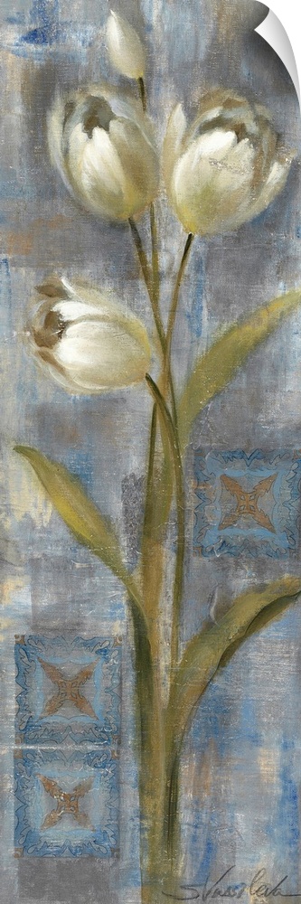 Docor perfect for the home of tall white tulips that are painted against a cool background.