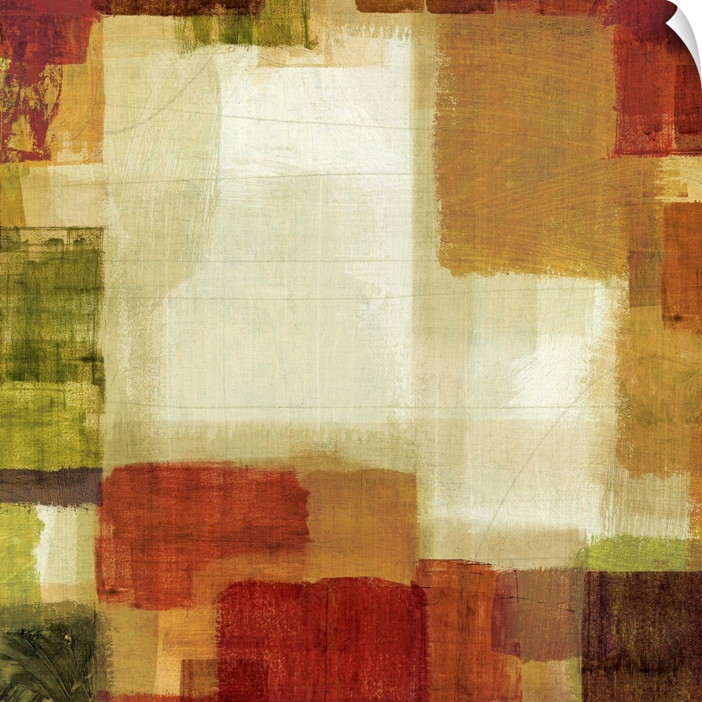 Contemporary abstract image of muted earth-toned squares situated around the border of a lighter colored square center.