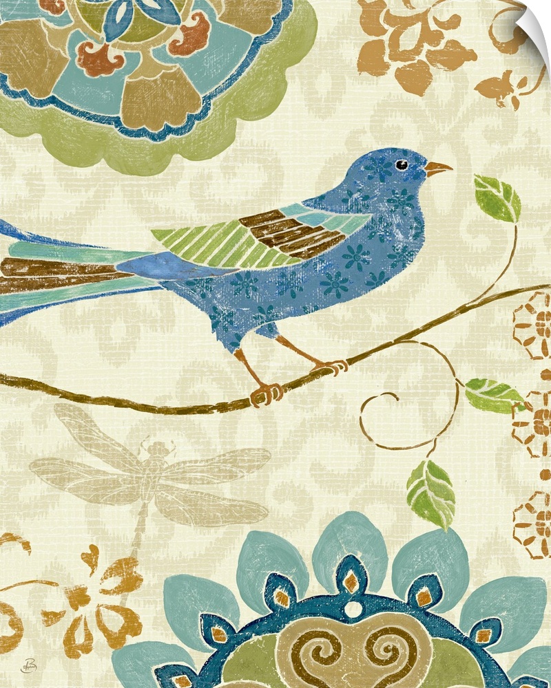 Docor for the home of a blue bird standing on a single branch with creative designs surrounding the bird.