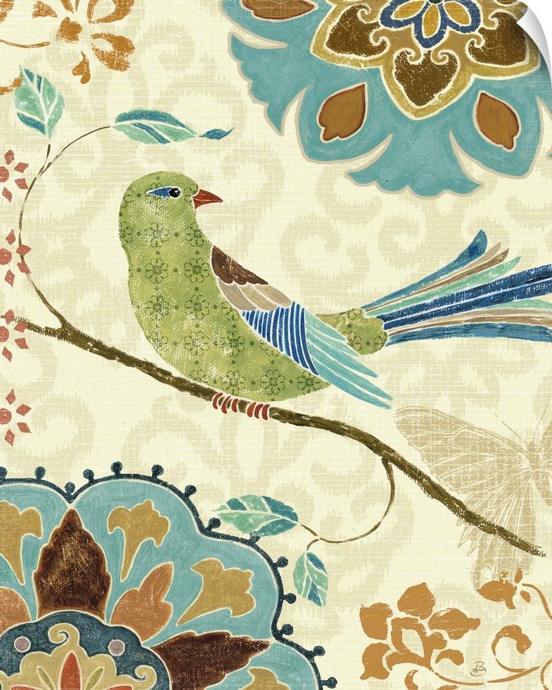 A bird is pictured resting on a branch surrounded by intricate flower designs in cool and neutral tones.